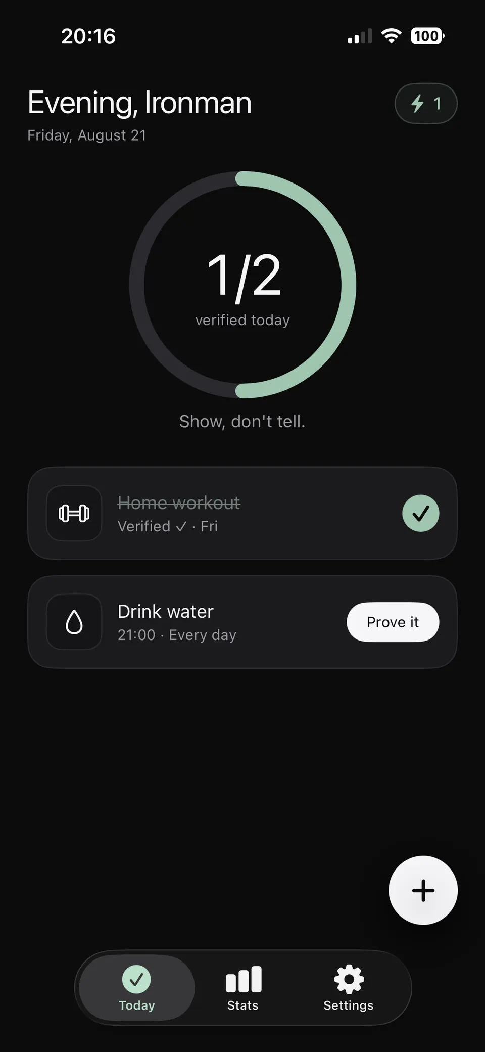 The Habiton today screen mid-morning, showing habits still due and those already proved
